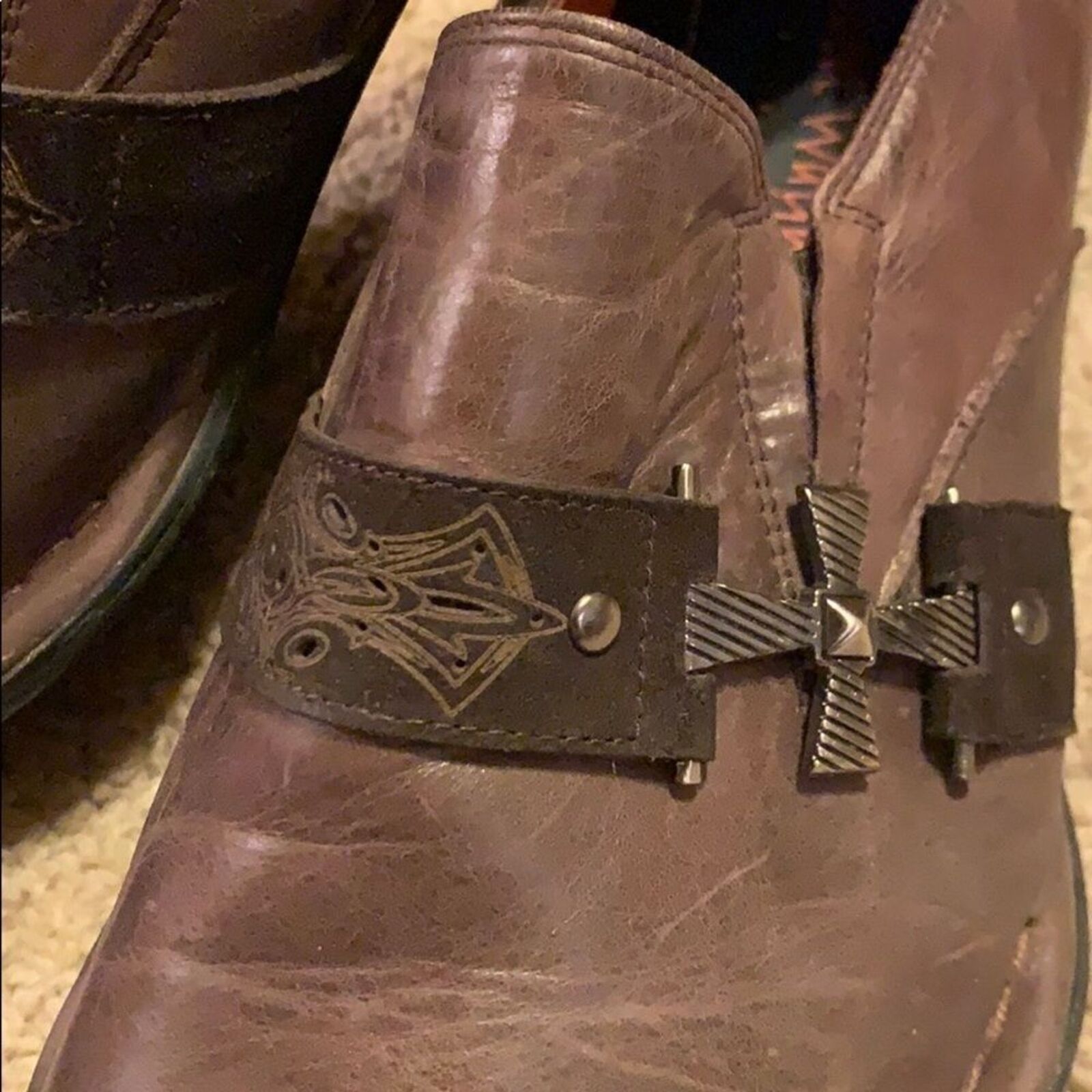 Men's Robert Wayne Brown Leather Slip On Loafers Suede Cross Detail Square Toe — image 2 of 7